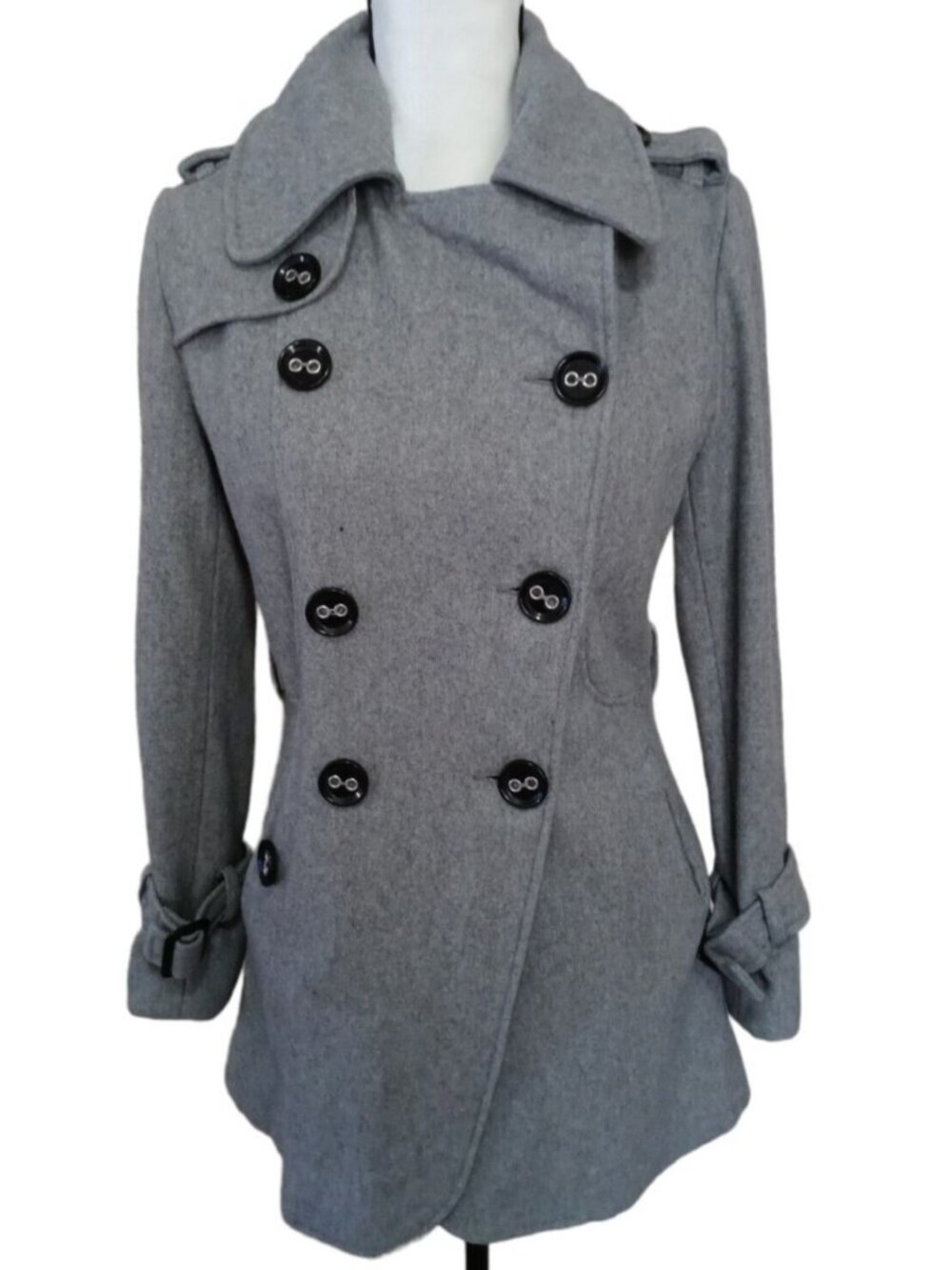 Coffee Shop Gray Double Breasted Coat M Warm Wool Blend Adjustable Wrist Lined